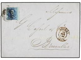BELGICA. Of.7. 1855. ANVERS To BRUXELLES. Folded Letter Franked With  20 Cts.  Blue. Large Margins. - Sonstige & Ohne Zuordnung