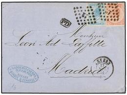 BELGICA. Of.18, 20. 1866. ANVERS To MADRID (Spain). Folded Letter Franked With  20 Cts.  Blue And  40 Cts.  Rose Stamps, - Andere & Zonder Classificatie