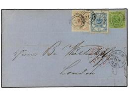 DINAMARCA. 1866 (April 27). Cover To London With Three Colour Mixed Issue Franking Of Imperforate 1858-62  8sk . Green A - Sonstige & Ohne Zuordnung