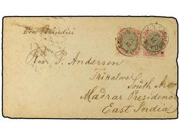 DINAMARCA. (1885 CA.). Cover To Madras, INDIA Endorsed 'Via Brindisi' Franked By 1875  20 O  Rose & Grey Pair Tied By Co - Other & Unclassified