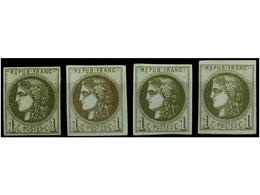 (*) FRANCIA. Yv.39. 1870.  1 Cto.  Verde. 4 Bonitos Ejemplares Sin Goma. Diferentes Tonos De Color. Yvert.560€. - Andere & Zonder Classificatie