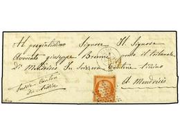 FRANCIA. Yv.5f. 1852. PARÍS A MENDRISIO (Suiza).  40 Cts.  Naranja  '4' RETOCADO . Sello Muy Fresco Con El Margen Inferi - Altri & Non Classificati