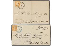 FRANCIA. 1868-74. Dos Cartas Con Sellos De  40 Cts.  Naranja Y Mat.  ADMON. DE CAMBIO/BARCELONA  En Negro Y Azul, Esta ú - Sonstige & Ohne Zuordnung