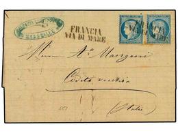 FRANCIA. Yv.60(2). 1872. MARSELLA A CIVITA VECHIA.  25 Cts.  Azul (2). Mat.  FRANCIA/VIA DI MARE  Utilización Muy Tardía - Altri & Non Classificati