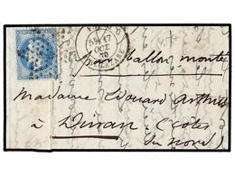 FRANCIA. 1870 (Oct. 17). PARIS To DINAN.  BALLOON 'LE VICTOR HUGO' . Entire Letter Franked With  20 Cts.  Blue (inevitab - Altri & Non Classificati