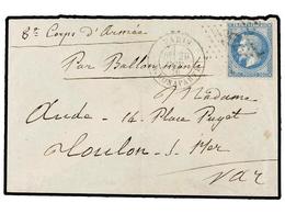 FRANCIA. 1870 (Oct. 29). PARIS To TOULON.  BALLOON  'LE FULTON' . Envelope (without Text) Franked With  20 Cts.  Blue  S - Altri & Non Classificati