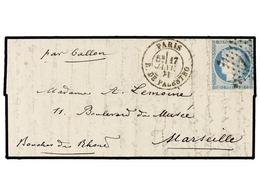 FRANCIA. 1871 (Jan. 17). PARIS To MARSEILLE.  BALLOON 'POSTE DE PARIS' . Entire Letter Franked With  20 Cts.  Blue  Star - Sonstige & Ohne Zuordnung