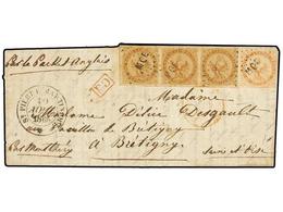 MARTINICA. 1864. ST. PIERRE To FRANCE.  10 Cts.  Bistre Strip Of Three And  40 Cts.  Orange With  MQE  Cancel, Via Briti - Altri & Non Classificati