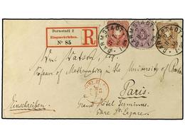 ALEMANIA. 1889. Registered Envelope To France Bearing  5 Pf  Purple (SG 40),  10 Pf  Rose (SG 41) And  25 Pf  Brown (SG  - Altri & Non Classificati