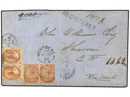 CANADA. 1862 (May 22). Registered Cover To SHARON Via Toronto, Bearing Perf 1859  1 C.  Rose Pair And Beaver  5 C.  Verm - Other & Unclassified