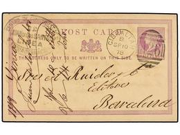 GIBRALTAR. 1878. LA LINEA (Cádiz) A BARCELONA. Entero Postal De  GB 1/2 P.  Lila Con Mat. Duplex De  GIBRALTAR/A26.  Rar - Altri & Non Classificati