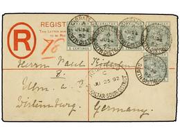 GIBRALTAR. Sg.22 (5). 1892. GIBRALTAR To GERMANY.  20 Cts.  Red Registered Envelope (Size F) Uprated With Five  5 Cents. - Autres & Non Classés