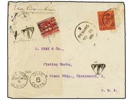 MALAYA. 1904. PENANG To U.S.A. Envelope Franked With  4 Cts.  Red Stamp (corner Fault) Taxed On Arrival With Pre-cancell - Autres & Non Classés