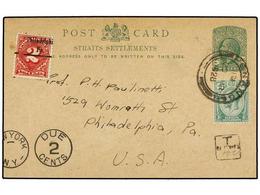 MALAYA. 1928. PENANG To U.S.A.  2 Cts.  Green Postal Stationery Card Uprated With  2 Cts.  Stamp. Taxed On Arrival With  - Andere & Zonder Classificatie