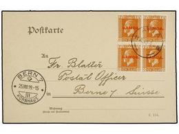 SAMOA. Sg.136 (4). 1919. APIA To SWITZERLAND. Postcard Franked With Block Of Four  1 1/2 D.  Orange Brown. - Autres & Non Classés