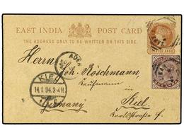 ZANZIBAR. 1893. Use Of British India  1/4a  Postal Card, Uprated With  1a  Violet Victoria Issue, From ZANZIBAR To GERMA - Autres & Non Classés