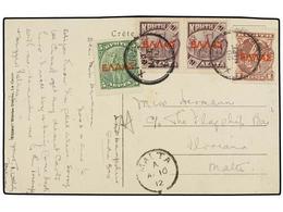 CRETA. 1912. CRETA To MALTA. Postcard Franked With  1 L., 2 L.  (2) And  5 L.  Stamps. - Altri & Non Classificati