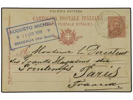 ERITREA. 1900 (Jan 21). Italy  10c . Lake Postal Stationery Card Used From Massaua To Paris With Framed Cachet Of Sender - Altri & Non Classificati