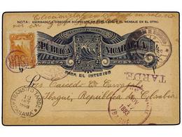 NICARAGUA. Sc.51. 1893. CORINTO A IBAGUE (Colombia). Entero Postal De  2 Ctvos.  Azul Con Franqueo Adicional De  1 Ctvo. - Andere & Zonder Classificatie