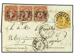 NORUEGA. 1859. Envelope To France Bearing Oscar  2 Sk  Yellow (Yvert 2) And  8 Sk  Rose (strip Of 3) (Yvert 5) Tied By   - Other & Unclassified