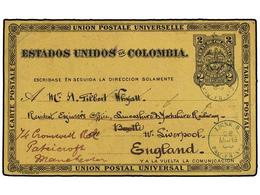 PANAMA. 1888 (March 22).  2c.+ 2c.  Black On Deep Yellow Stationery Cards Used From COLON To UK Cancelled By Two Strikes - Altri & Non Classificati