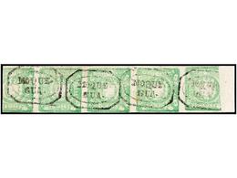 ° PERU. Sc.14 (4). 1868.  1 Dinero  Verde, Tira De Cuatro Más Parte De Otro Sello, Mat.  MOQUE-GUA.  MUY BONITA. - Andere & Zonder Classificatie