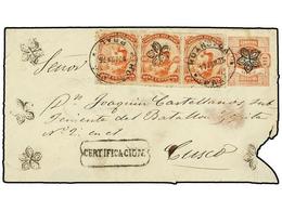 PERU. Sc.17 (3). 1875. HUANCAVELICA A CUZCO. Entero Postal De  10 Cts.  Rojo Con Franqueo Adicional De Tres Sellos De  1 - Other & Unclassified