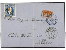 PORTUGAL. Af.34. 1869. LISBOA A PARÍS. 120 Reis  Azul. Raro Franqueo En Carta A Francia (la Tarifa Para Francia Era De 8 - Autres & Non Classés