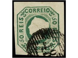 ° PORTUGAL: AZORES. Af.3. 1853.  50 Reis  Verde, Mat.  NUMERAL 48  De ANGRO DO HEROISMO. Grandes Márgenes, ínfimo Adelga - Autres & Non Classés