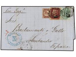 PUERTO RICO. 1876 (May 11). Entire Letter To SANTANDER (Spain), Franked By Great Britain 1870  1/2 D.  Pl. 6,  1 D.  Red - Andere & Zonder Classificatie