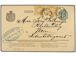 RUMANIA. Mi.38 (2). 1876. BUCAREST To WIEN (Austria).  5 Bani  Blue Stationery Card Uprated By A Pair Of  5 Bani  Stamp, - Altri & Non Classificati