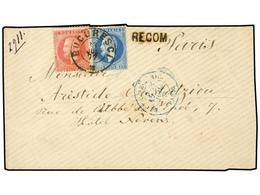 RUMANIA. 1877. BUCAREST To PARIS.  10 B.  Blue And  50 B.  Rose.  BUCURESCI  Cds. And  RECOM  Lineal Strike. Part Of Fla - Autres & Non Classés