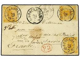 SUECIA. 1861. Envelope To FRANCE Bearing  24 Ore  Yellow Orange (3) (Facit 10) Tied By  STOCKHOLM  Datestamp With Oval   - Andere & Zonder Classificatie