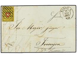 SUIZA. 1851 (July 17). Entire Letter To Iringen Franked By Fine Margined Rayon II  10rp . Yellow, Black & Red Tied By Gr - Andere & Zonder Classificatie