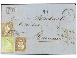 SUIZA. 1857 (Sept 14). Entire Letter To Hanau Franked By 1854-62  5r . Brown (2) And Superb Single  40rp . Light Green A - Other & Unclassified