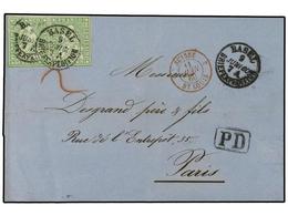 SUIZA. 1860 (June 9). Cover From Basel To Paris Franked By Fine 1858-62  40r . Pale Green Pair Tied By  Basel  Cds. Red  - Other & Unclassified