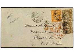 SUIZA. 1867 (Aug 27). Cover To PHILADELPHIA, USA Franked By 1862  20 C.  Orange And Pair Of Scarce  1 Fr.  Gold Tied By  - Autres & Non Classés