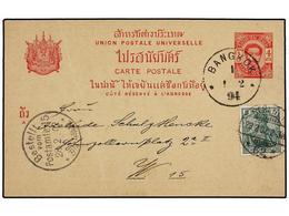 TAILANDIA. 1894.  4a.  Carmine On Buff Postal Stationery Card With 1894  BANGKOK  Cds, Used As Formula Card In 1902 With - Andere & Zonder Classificatie