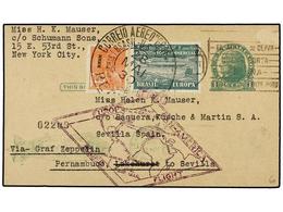 ZEPPELIN. 1930.  BRASIL . U.S.A. Entero Postal USA De  1 Ctvo.  Circulado Con Franqueo Adicional De  300 Reis  Y  5.000  - Other & Unclassified