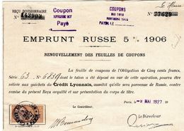 Renouvellement Feuilles De Coupons - Emprunt Russe 5% 1906 - N°143903 - Russie