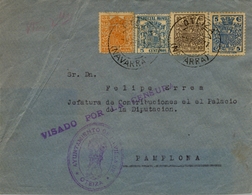 1937 , NAVARRA , FRONTAL DE SOBRE CIRCULADO , OTEIZA - PAMPLONA , FR. TIMBRES ESPECIAL MÓVIL , AYUNTAMIENTO, CENSURA - Brieven En Documenten