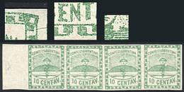 ARGENTINA: GJ.2, 10c. Small Figures, Strip Of 4 From Composition A (3 Stamps MNH) With VARIETIES: Top Right Corner Bent" - Unused Stamps