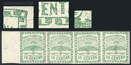 ARGENTINA: GJ.2, 10c. Small Figures, Strip Of 4 From Composition A (3 Stamps MNH) With VARIETIES: Top Right Corner Bent" - Nuovi