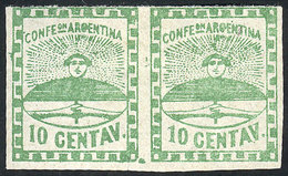 ARGENTINA: GJ.2, 10c. Green, Pair With VARIETY: Spot Between Both Stamps, In The Lower Border, Excellent Quality! - Nuovi