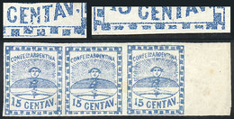 ARGENTINA: GJ.3f, 15c. Small Figures, Strip Of 3, The Central Stamp With Variety "Greek Pattern Incomplete And Lower Fra - Nuevos