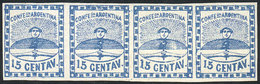 ARGENTINA: GJ.3, 15c. Small Figures, Strip Of 4 With Very Nice Varieties: Greek Pattern At Top Defective" (2nd Stamp), A - Unused Stamps