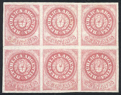 ARGENTINA: GJ.7, 5c. Rose, Beautiful Mint Block Of 6 Stamps, With Plate WEAR, Excellent Quality! - Ongebruikt