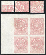 ARGENTINA: GJ.10, 5c. Rose, Without Accent, Corner Block Of 4 With VARIETIES: Dark Spot On The Top Margin, Above The C"  - Unused Stamps