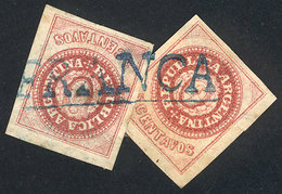ARGENTINA: GJ.12, 5c. Without Accent, Semi-worn Plate, 2 Examples Reconstructing The FRANCA Cancel Of Rosario In Blue (+ - Unused Stamps