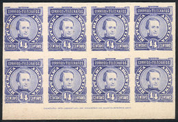 ARGENTINA: GJ.96, ¼c. Paz, TRIAL COLOR PROOF In Ultramarine Blue, Block Of 8 Printed On Card, With Lower Sheet Margin An - Andere & Zonder Classificatie